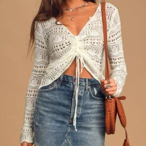 Lulu's Only Yours Ivory Sheer Crochet Ruched Sweater Top Only Yours Ivory Sheer